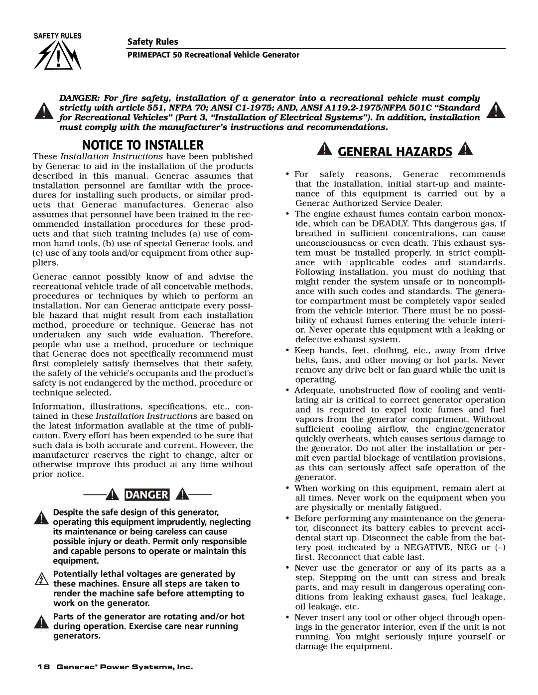 Generac 02010-2, 04164-2 owner manual General Hazards 