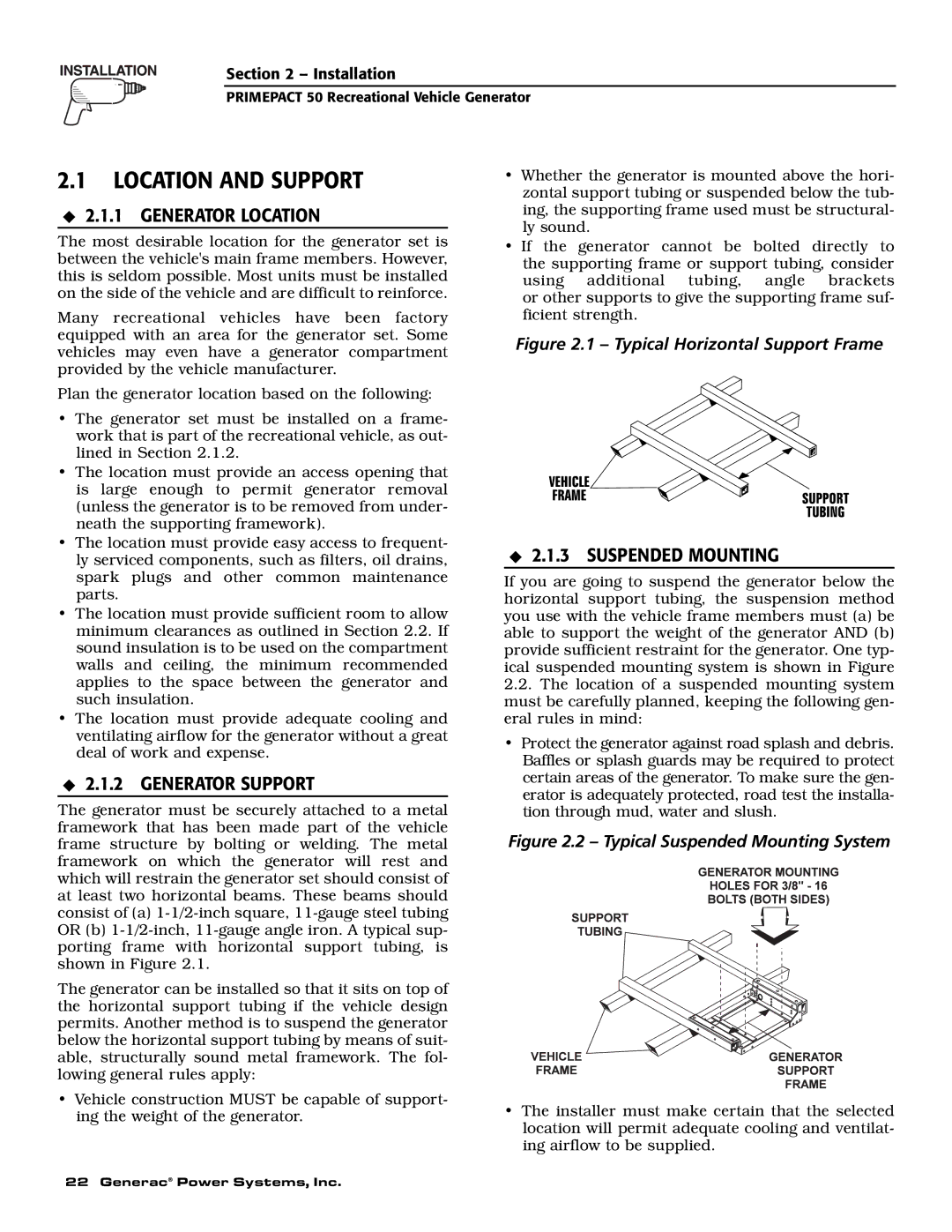 Generac 02010-2, 04164-2 owner manual Location and Support, Generator Location, Generator Support, Suspended Mounting 