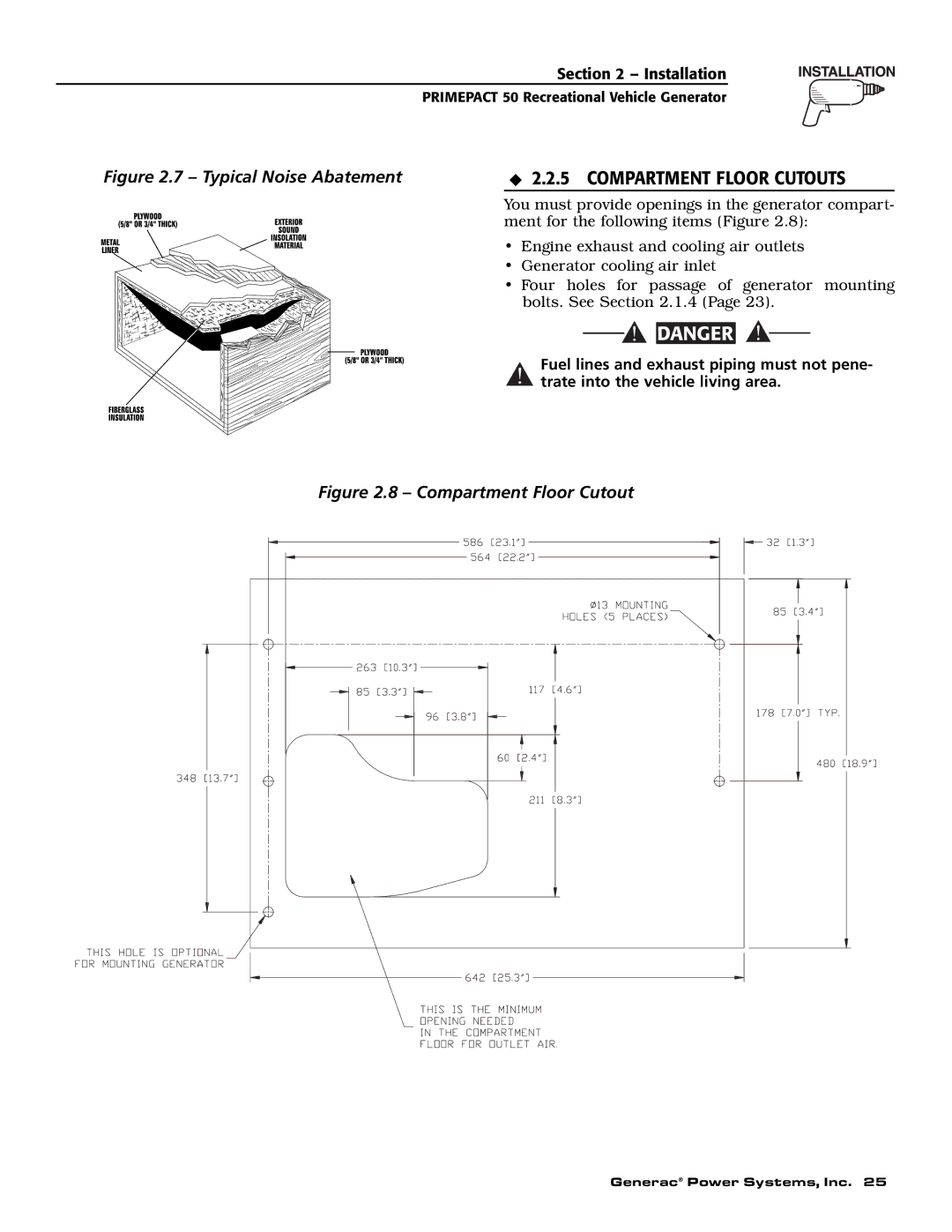 Generac 02010-2, 04164-2 owner manual Typical Noise Abatement 2.2.5 Compartment Floor Cutouts 