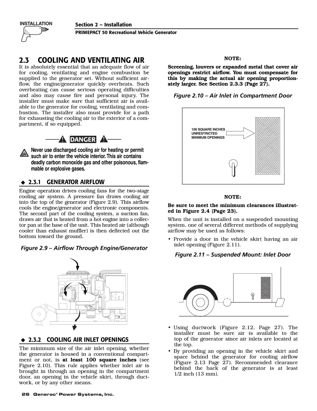 Generac 02010-2, 04164-2 owner manual Cooling and Ventilating AIR, Generator Airflow, Cooling AIR Inlet Openings 