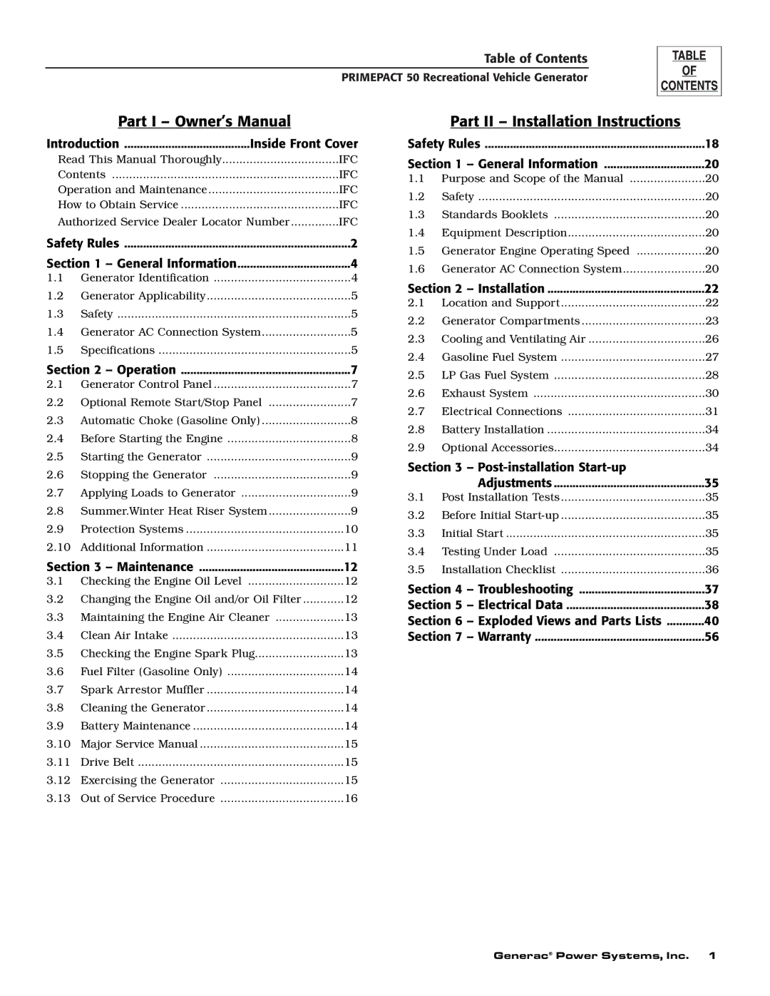 Generac 02010-2, 04164-2 owner manual Part II Installation Instructions, Table of Contents 