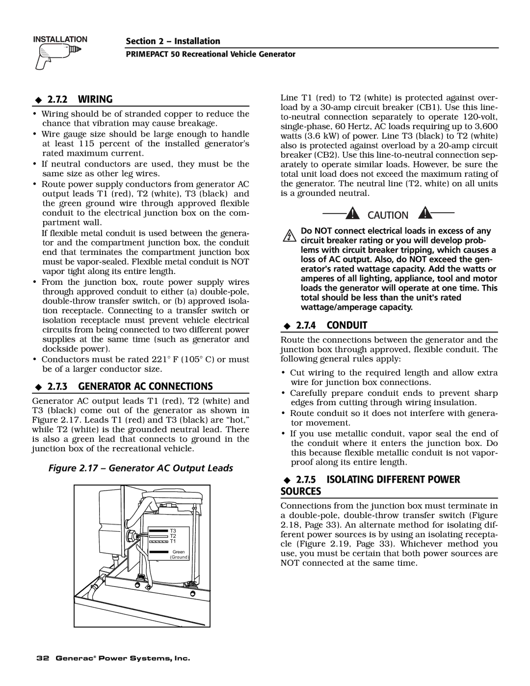 Generac 02010-2, 04164-2 owner manual Wiring, Generator AC Connections, Conduit, Isolating Different Power Sources 