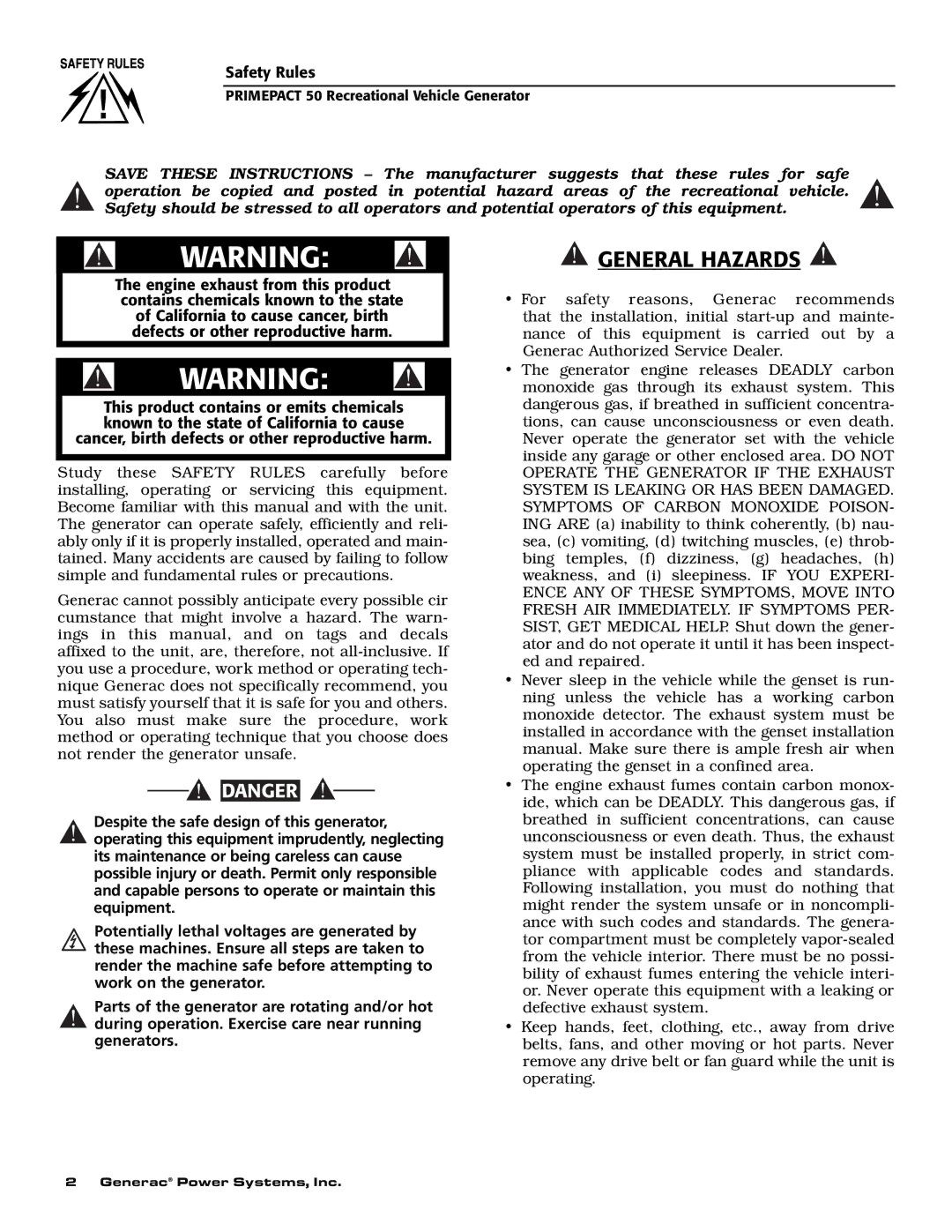 Generac 02010-2, 04164-2 owner manual General Hazards 