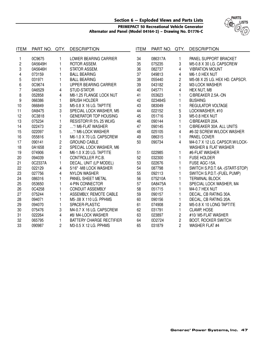 Generac 02010-2, 04164-2 owner manual ¼/ M6-LOCK Washer 