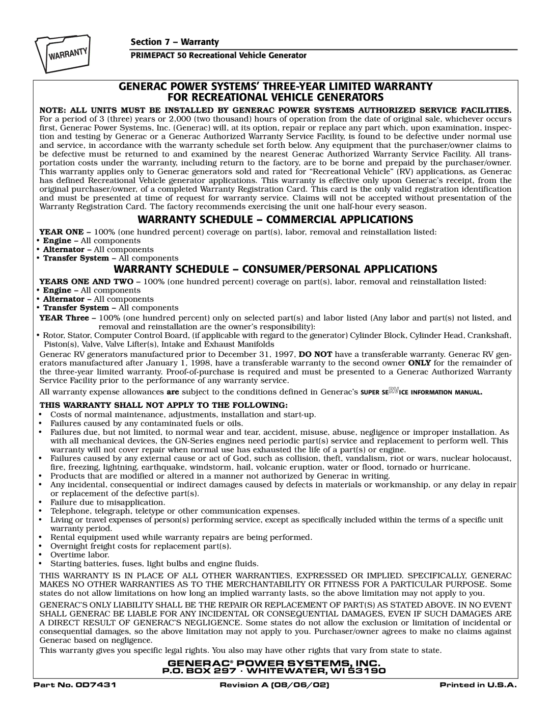 Generac 02010-2, 04164-2 Warranty Schedule CONSUMER/PERSONAL Applications, This Warranty Shall not Apply to the Following 