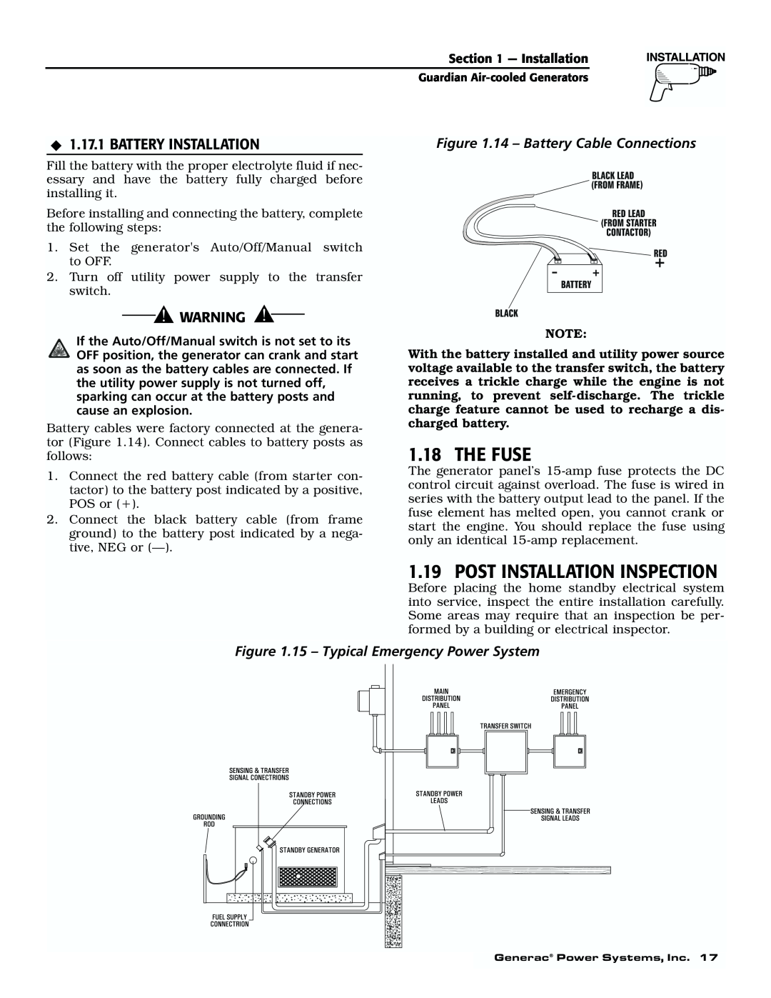 Generac 04077-1, 04109-1, 04079-1, 00789-1, 00844-1 manual The Fuse, Post Installation Inspection, Battery Installation 