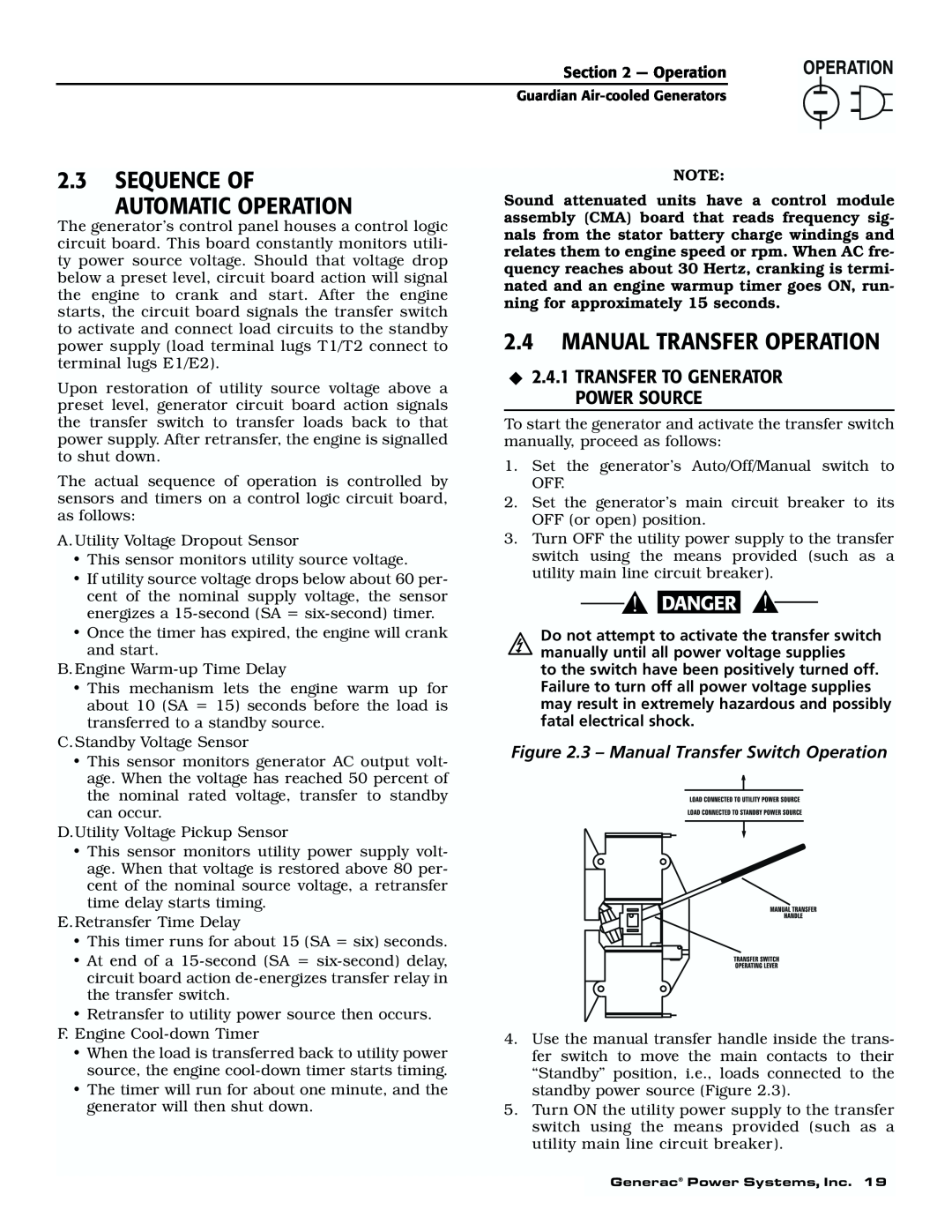 Generac 04077-1, 04109-1, 04079-1, 00789-1, 00844-1 manual 2.3SEQUENCE OF AUTOMATIC OPERATION, 2.4MANUAL TRANSFER OPERATION 