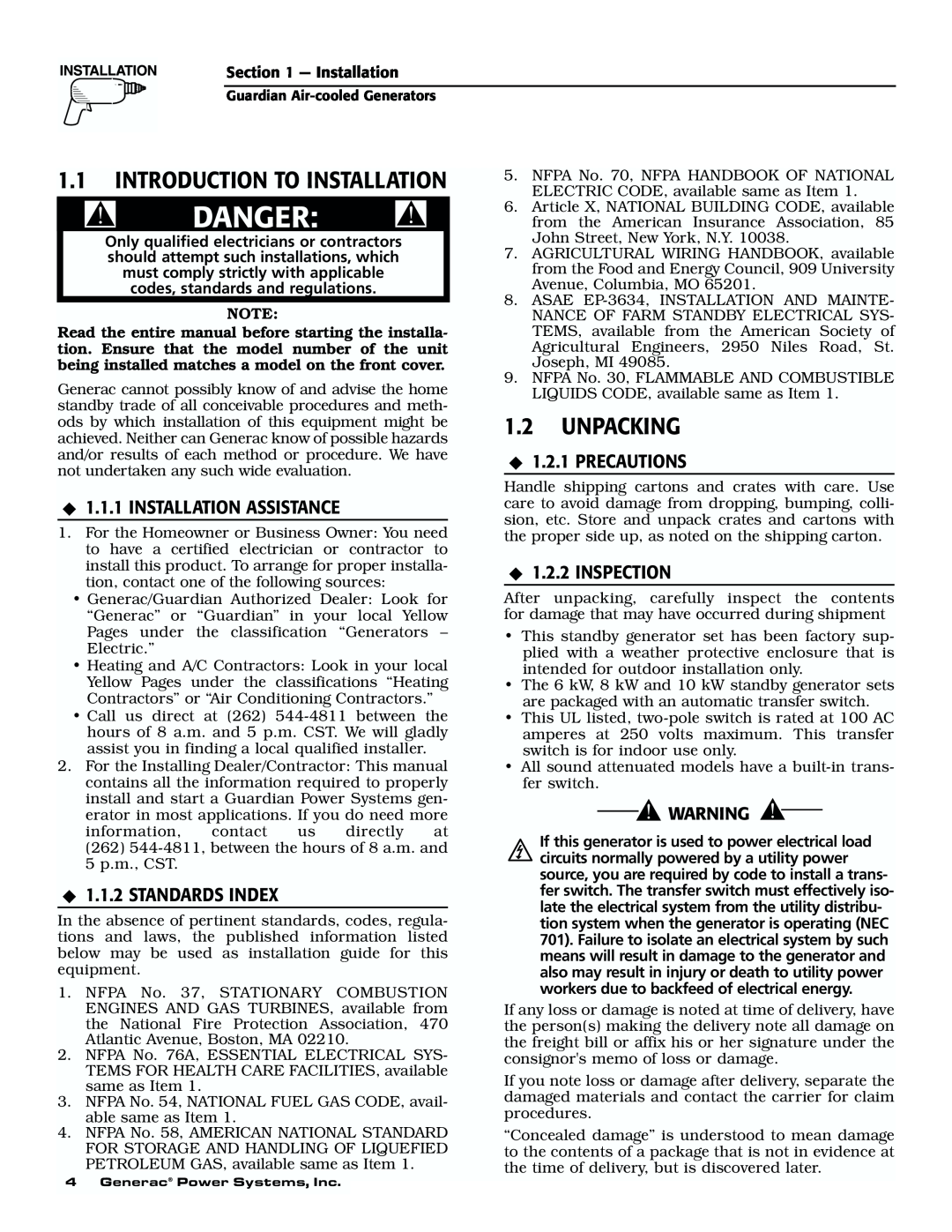 Generac 04077-01, 04109-1, 04079-1, 00789-1, 00844-1 manual 1.1INTRODUCTION TO INSTALLATION, 1.2UNPACKING, Standards Index 