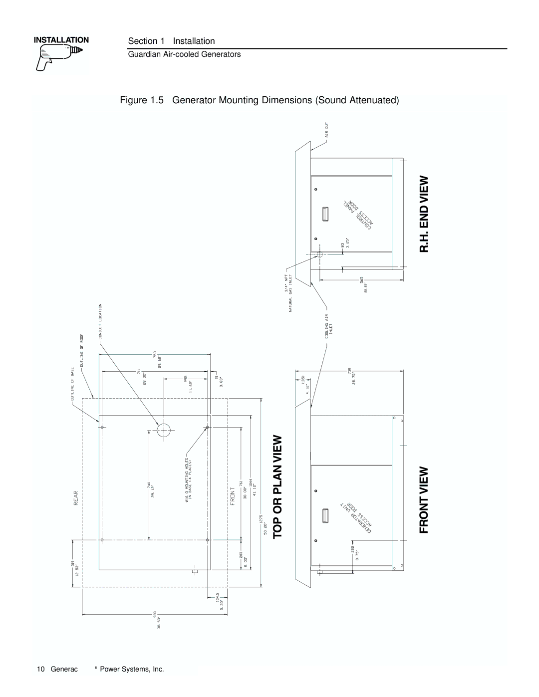 Generac 04077-01, 04109-1, 04079-1, 00789-1, 00844-1 manual Generator Mounting Dimensions Sound Attenuated 