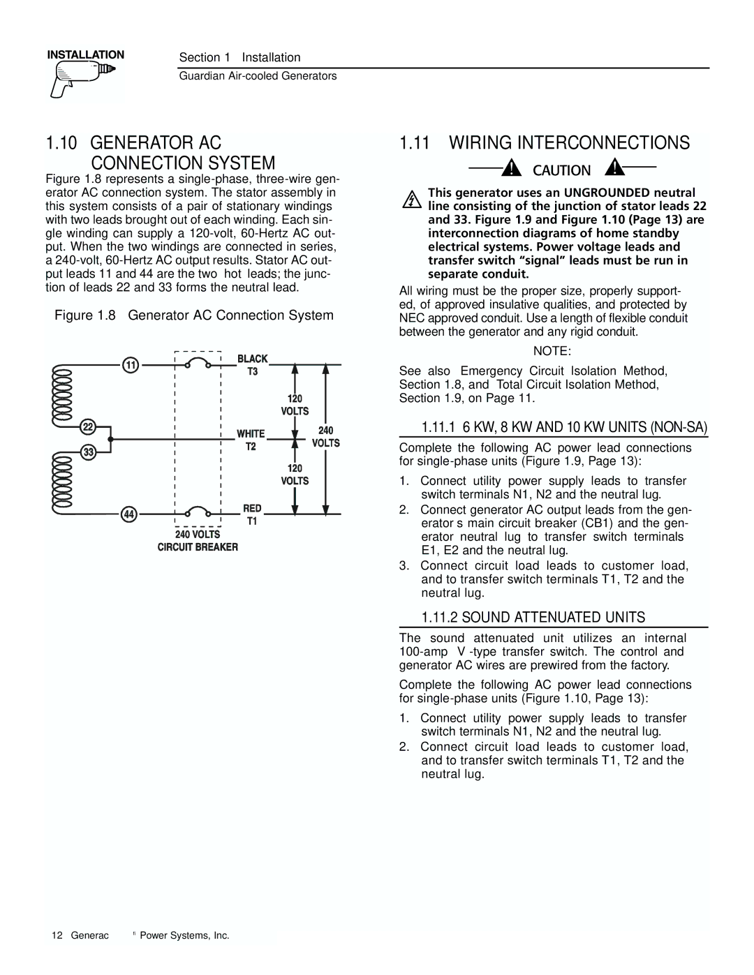 Generac 04077-01, 04109-1, 04079-1, 00789-1, 00844-1 manual Wiring Interconnections, 11.1 6 KW, 8 KW and 10 KW Units NON-SA 