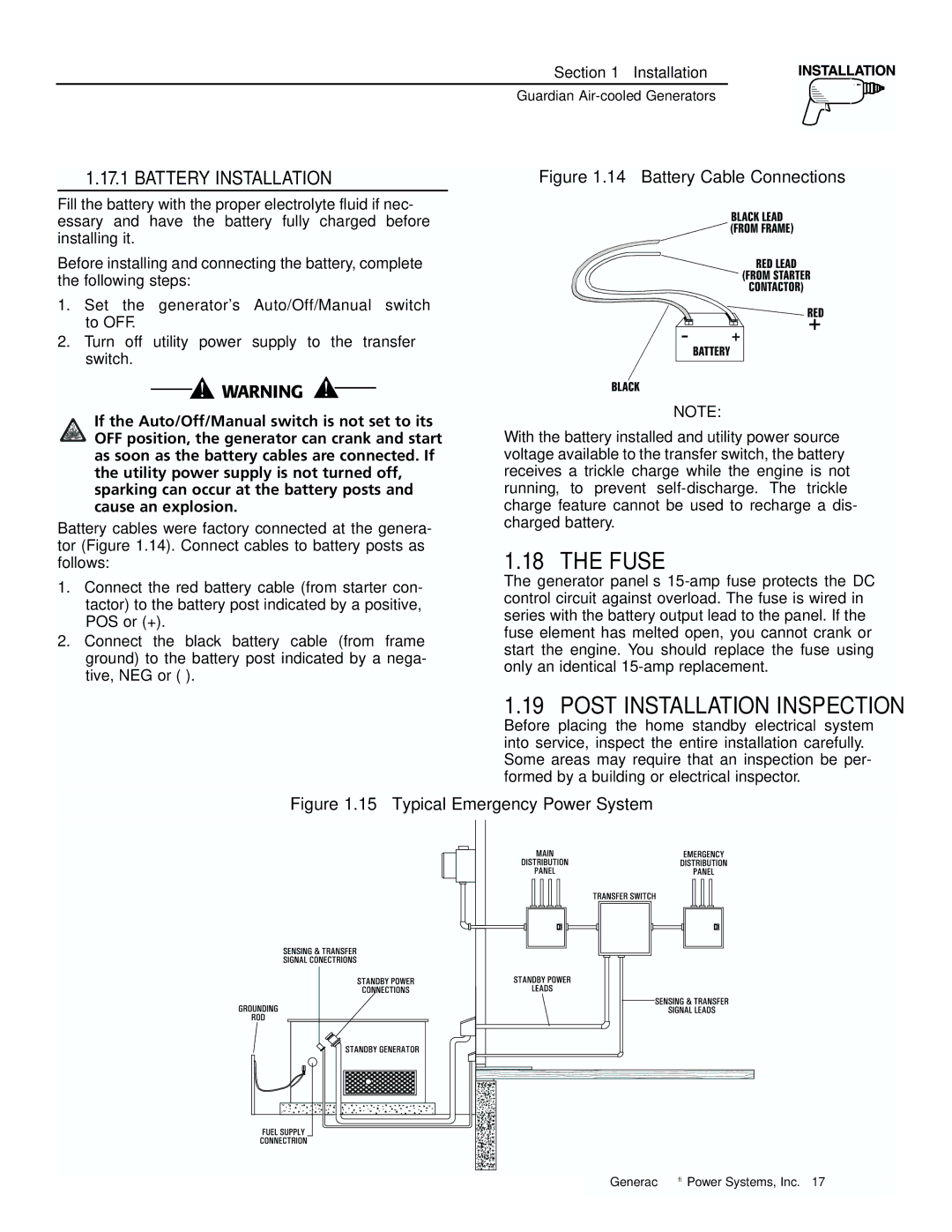 Generac 04077-1, 04109-1, 04079-1, 00789-1, 00844-1 manual Fuse, Post Installation Inspection, Battery Installation 