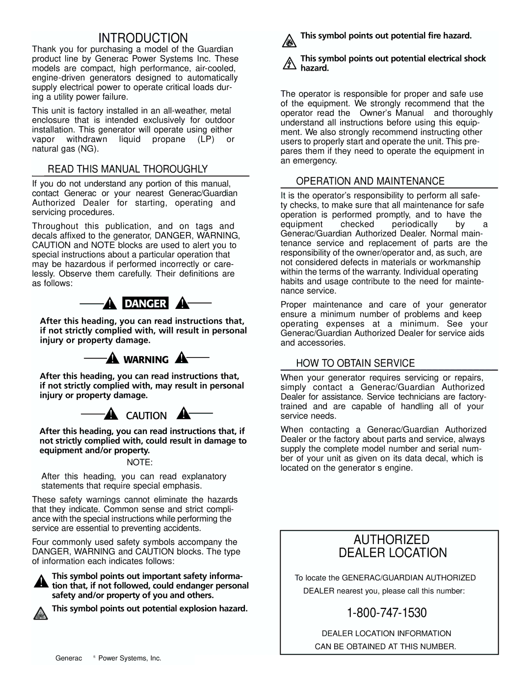 Generac 04077-01, 04109-1, 04079-1, 00789-1, 00844-1 Introduction, Authorized Dealer Location, Read this Manual Thoroughly 