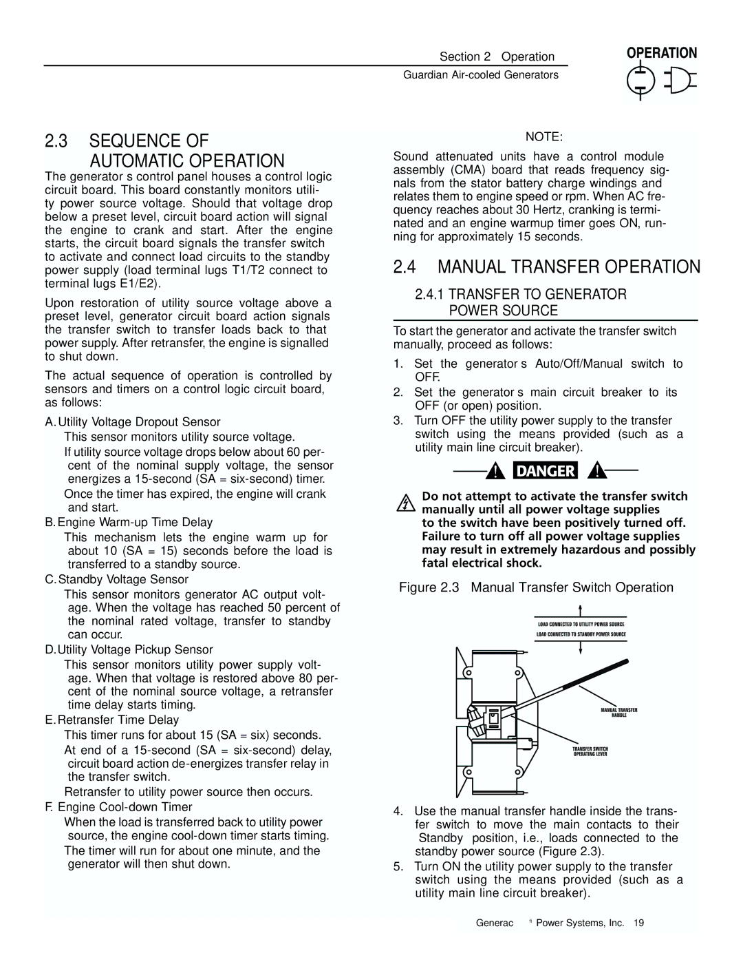 Generac 04077-1, 04109-1, 04079-1, 00789-1, 00844-1 manual Sequence Automatic Operation, Manual Transfer Operation 