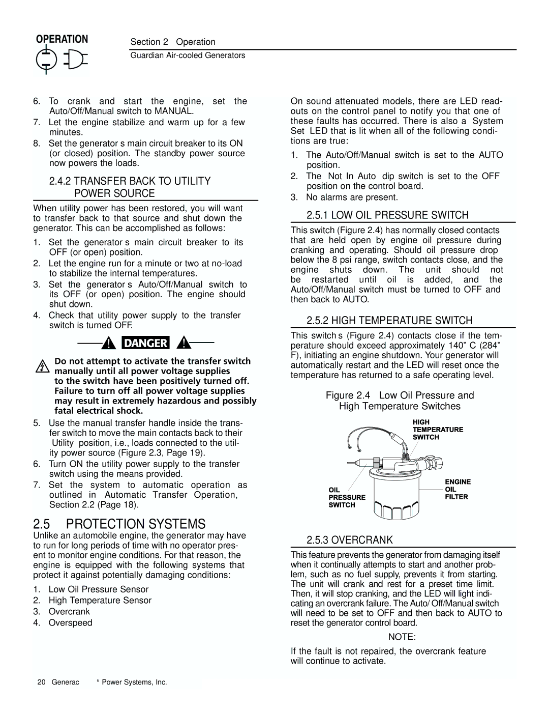 Generac 04077-01, 04109-1, 04079-1, 00789-1, 00844-1 Protection Systems, Transfer Back to Utility Power Source, Overcrank 