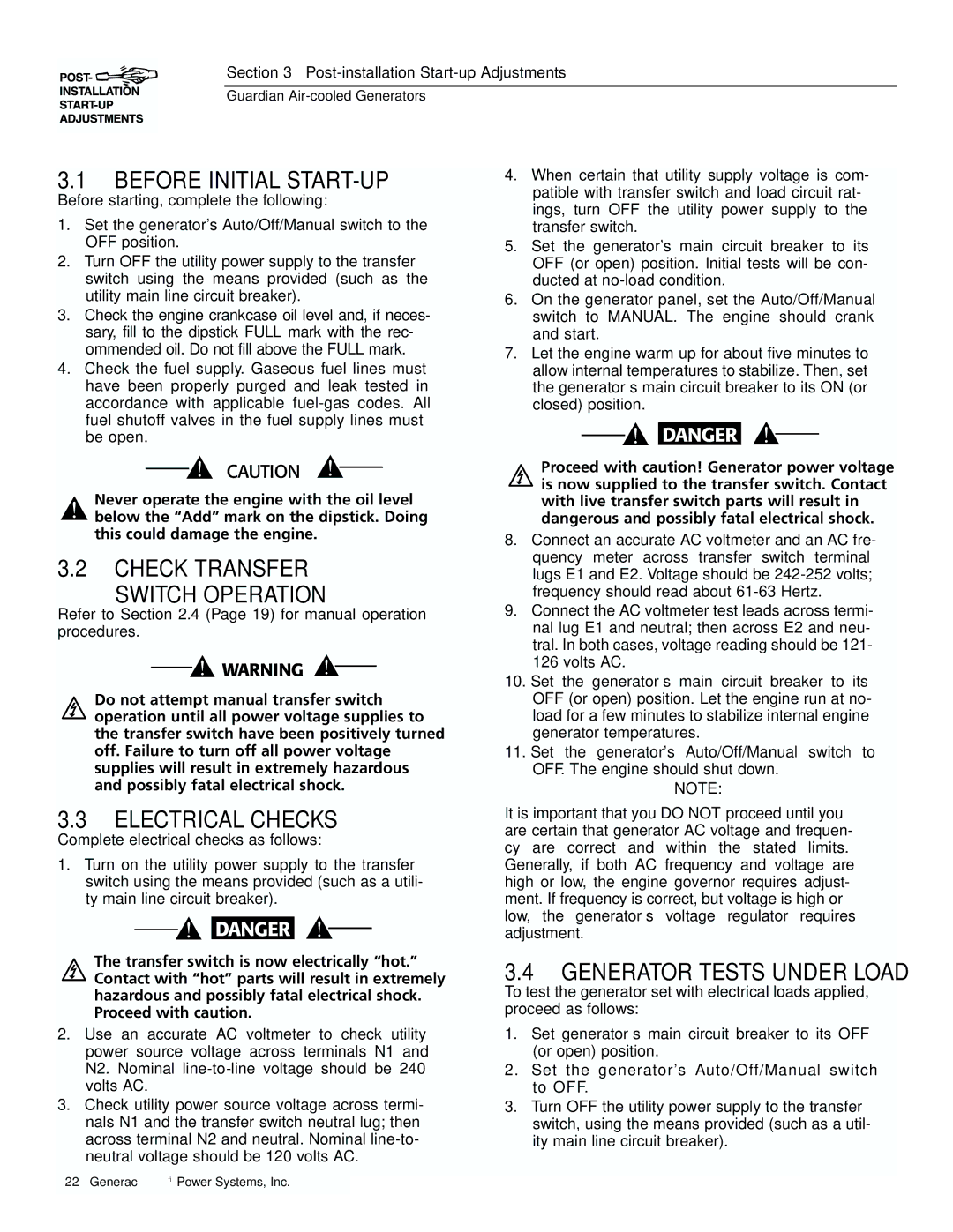 Generac 04077-01, 04109-1, 04079-1, 00789-1, 00844-1 manual Before Initial START-UP, Check Transfer Switch Operation 