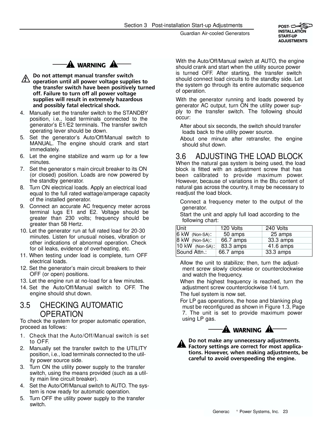 Generac 04077-1, 04109-1, 04079-1, 00789-1, 00844-1 manual Checking Automatic Operation, Adjusting the Load Block 