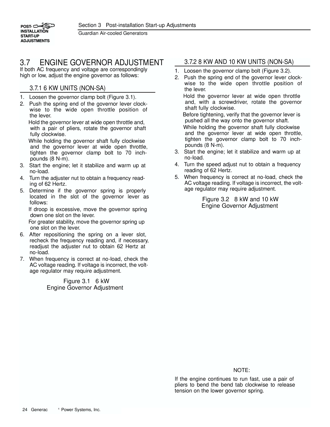 Generac 04077-01, 04109-1, 04079-1, 00789-1, 00844-1 manual Engine Governor Adjustment, 1 6 KW Units NON-SA 