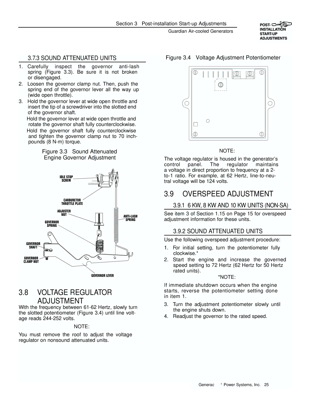 Generac 04077-1, 04109-1, 04079-1, 00789-1, 00844-1 manual Voltage Regulator Adjustment, Overspeed Adjustment 