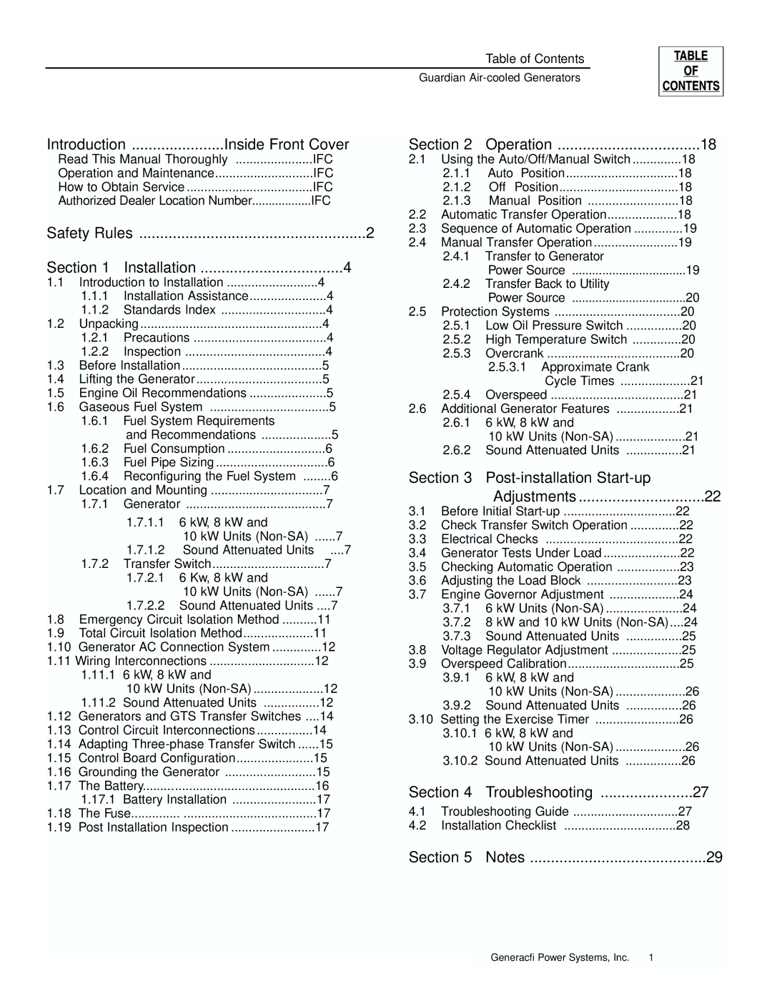 Generac 04077-1, 04109-1, 04079-1, 00789-1, 00844-1 manual Introduction Inside Front Cover, Installation, Operation 