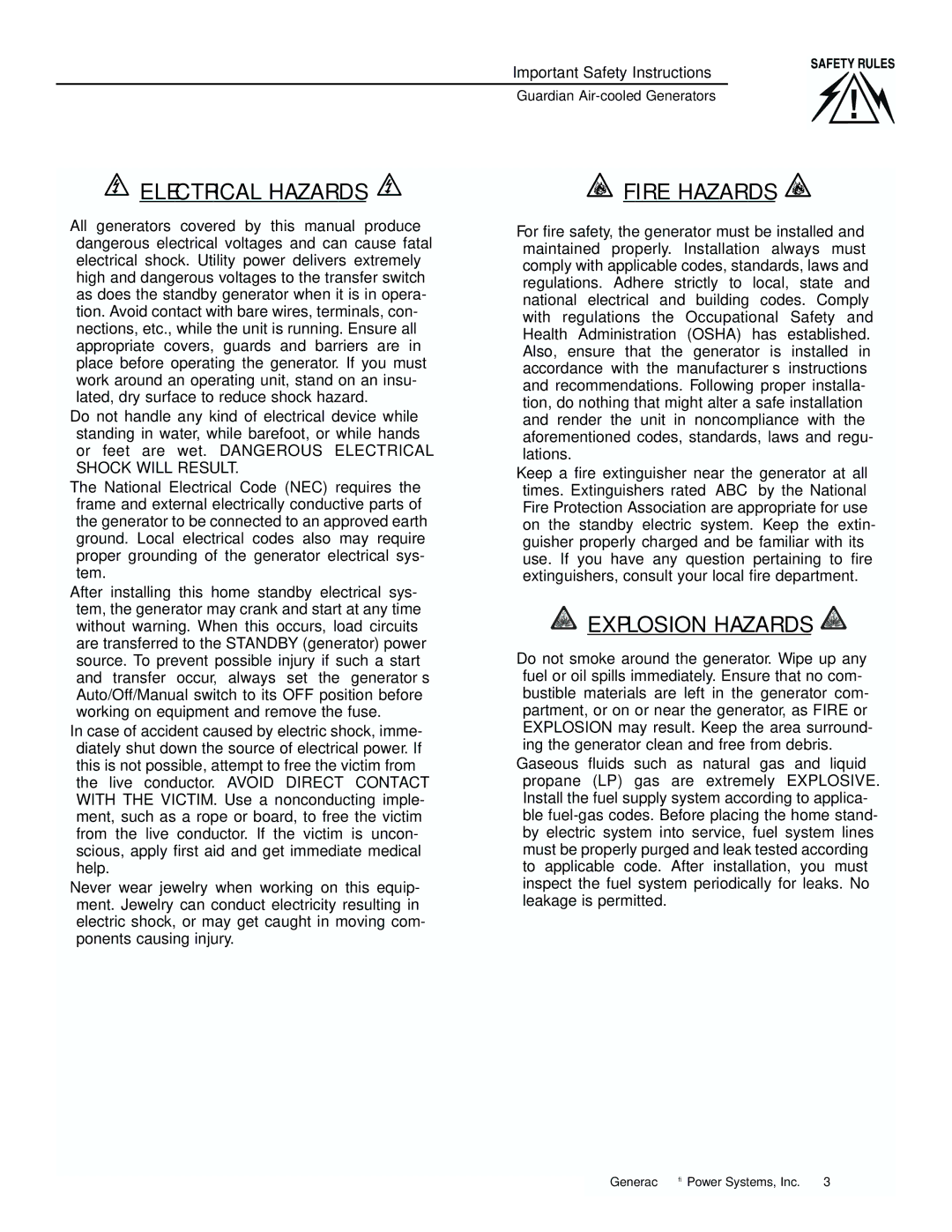 Generac 04077-1, 04109-1, 04079-1, 00789-1, 00844-1, 04077-01, 04109-1, 04079-1, 00789-1, 00844-1 manual Electrical Hazards 