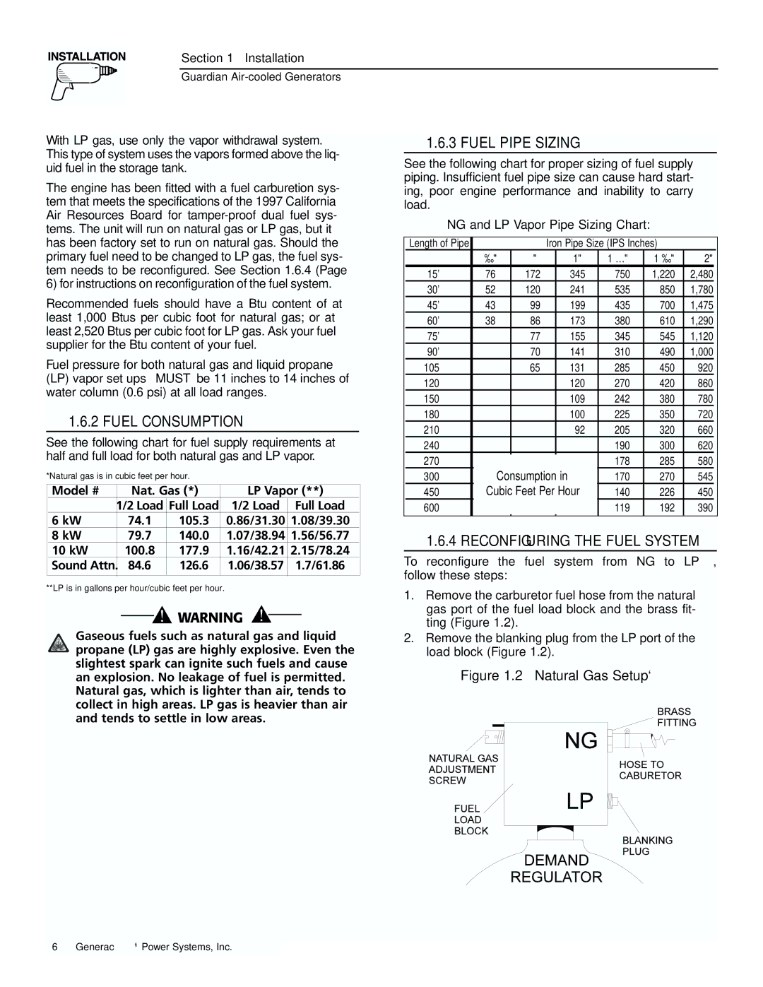 Generac 04077-01, 04109-1, 04079-1, 00789-1, 00844-1 Fuel Consumption, Fuel Pipe Sizing, Reconfiguring the Fuel System 