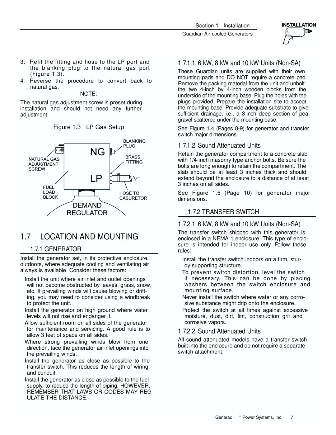 Generac 04077-1, 04109-1, 04079-1, 00789-1, 00844-1 manual Location and Mounting, Generator, Transfer Switch 