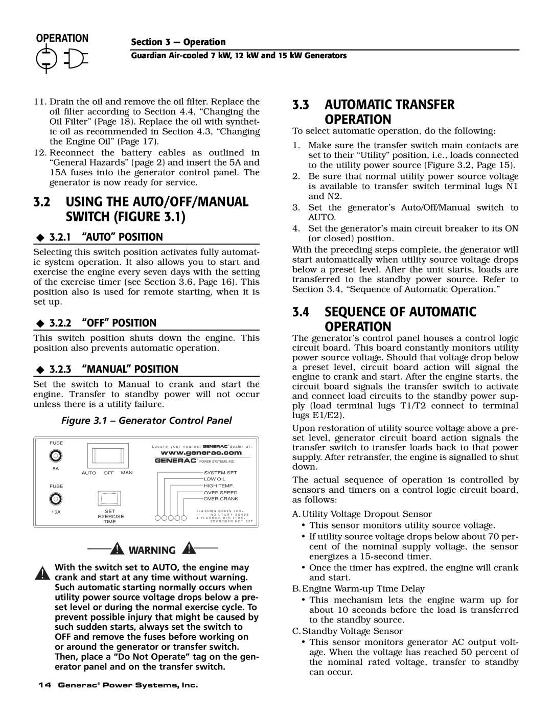 Generac 04389-1, 04456-1, 04390-1 owner manual 3.3AUTOMATIC TRANSFER OPERATION, 3.2USING THE AUTO/OFF/MANUAL SWITCH FIGURE 