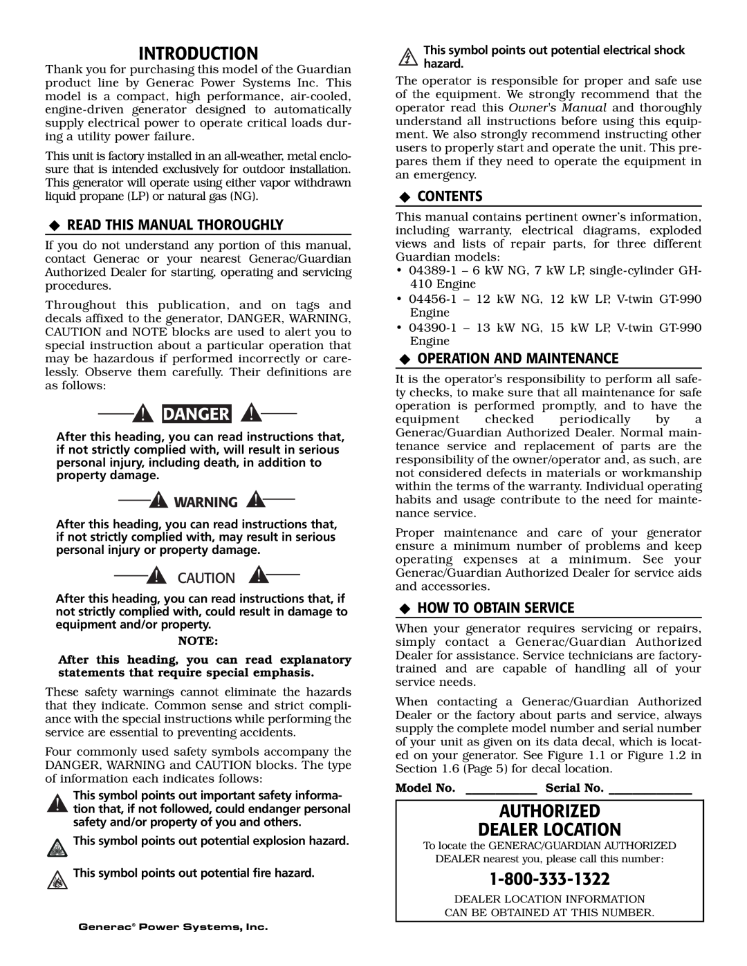 Generac 04389-1, 04456-1, 04390-1 Introduction, Authorized Dealer Location, Danger, ‹Read This Manual Thoroughly 