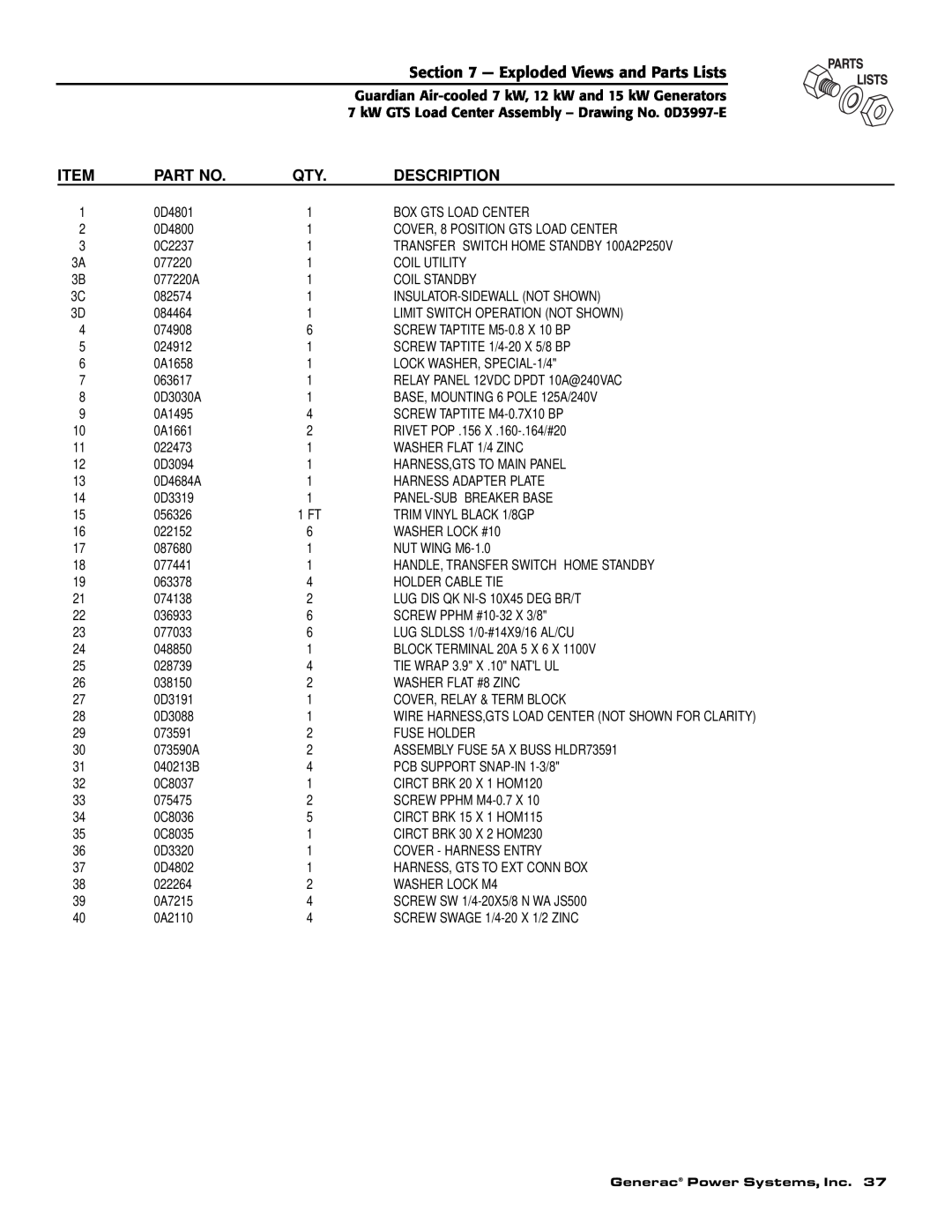 Generac 04389-1, 04456-1, 04390-1 owner manual Exploded Views and Parts Lists, Description, 0D4801 