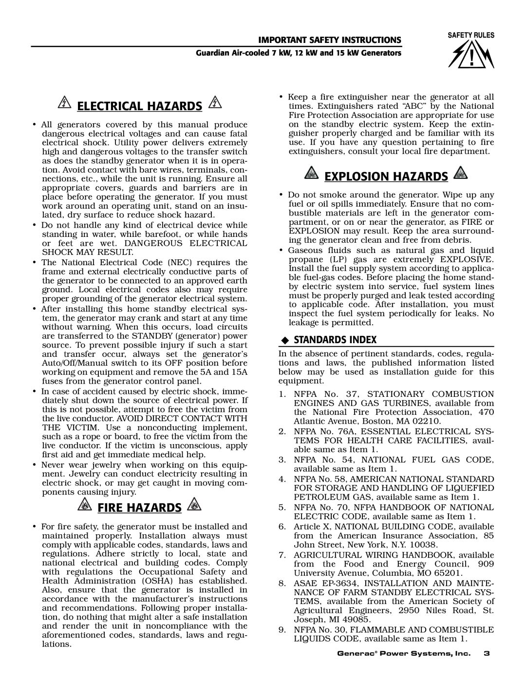 Generac 04389-1, 04456-1, 04390-1 owner manual Electrical Hazards, Fire Hazards, Explosion Hazards, ‹Standards Index 