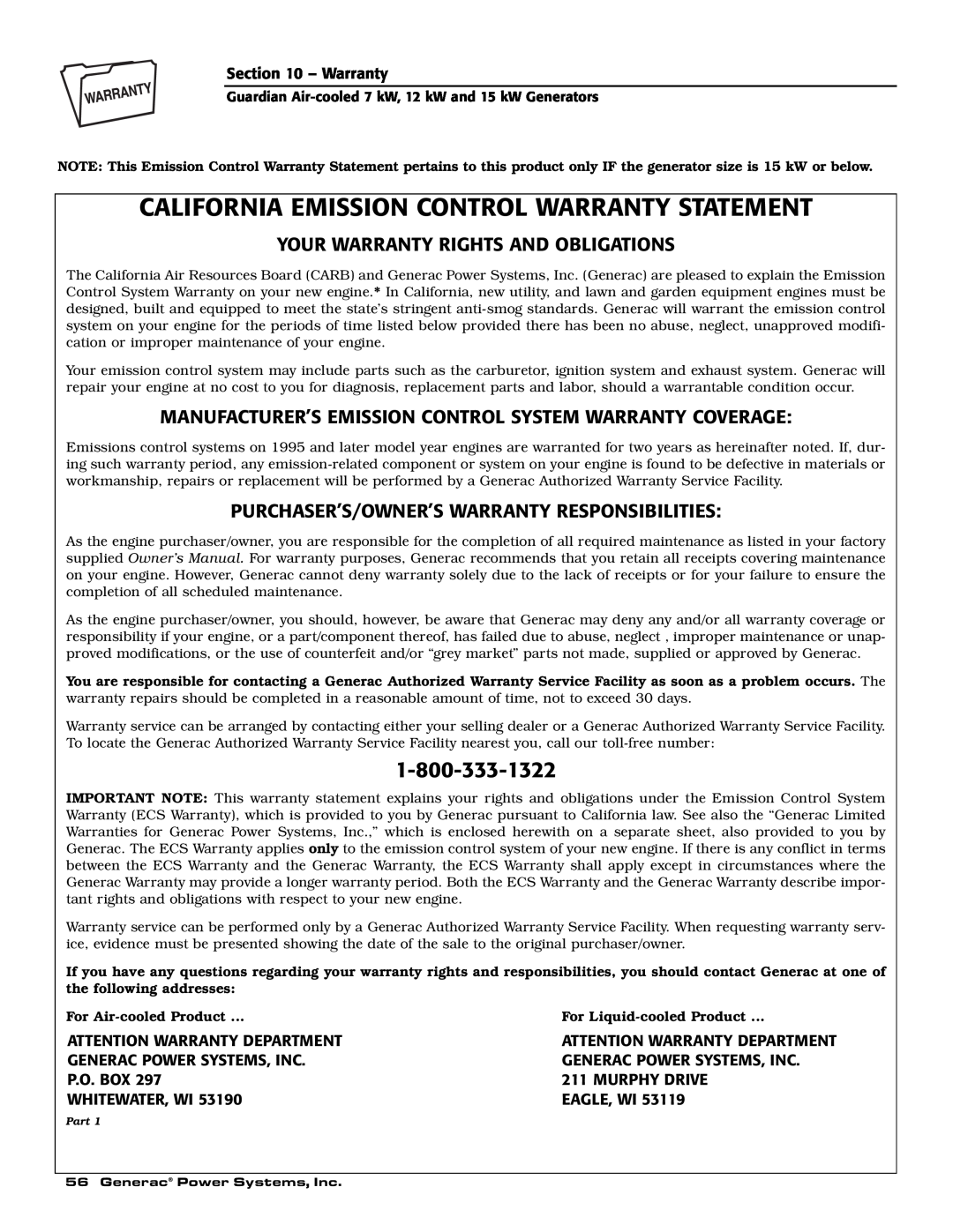 Generac 04389-1, 04456-1, 04390-1 California Emission Control Warranty Statement, Your Warranty Rights And Obligations 