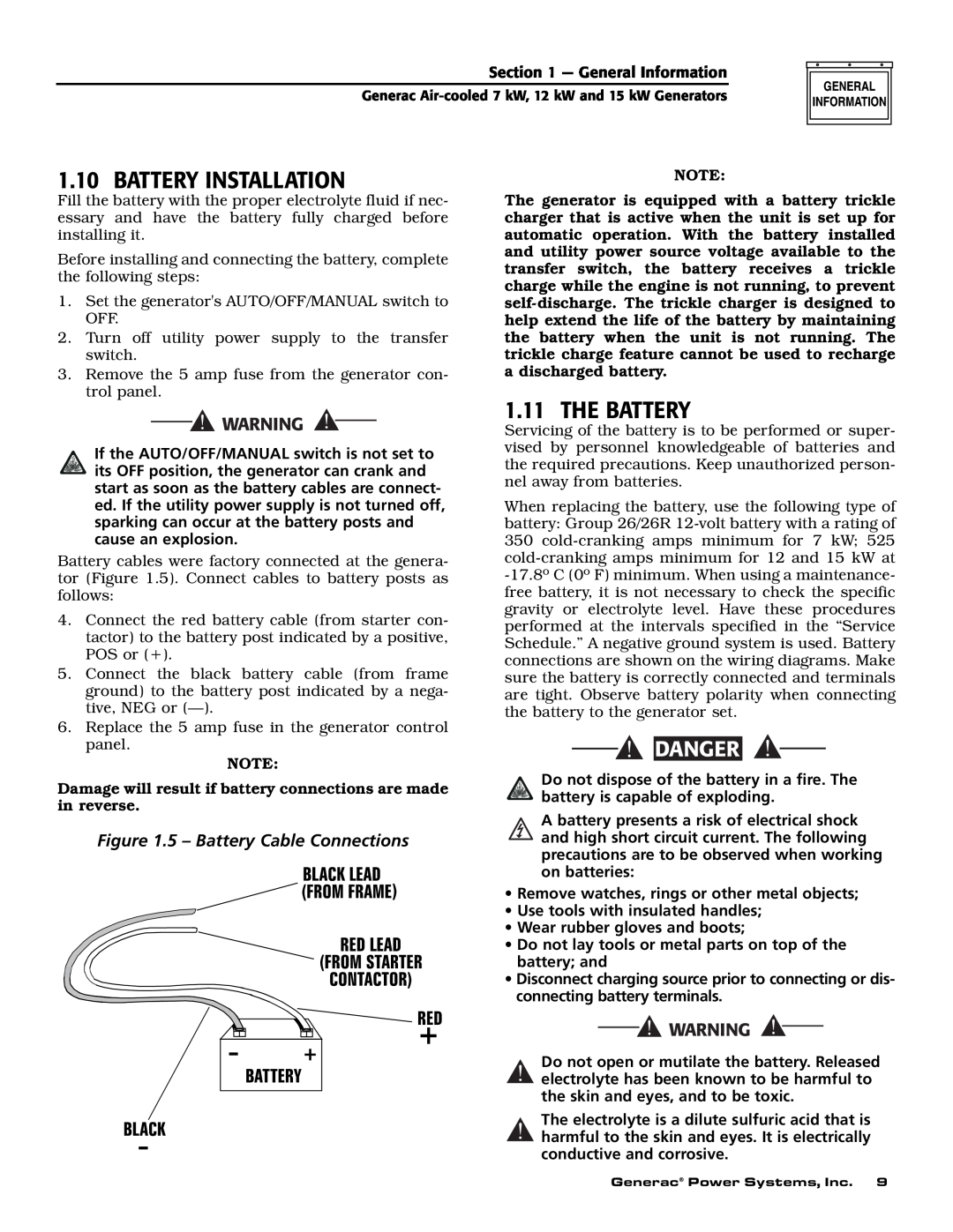 Generac 04674-2, 04673-2, 04675-3 owner manual Battery Installation, The Battery, Danger, 5 - Battery Cable Connections 