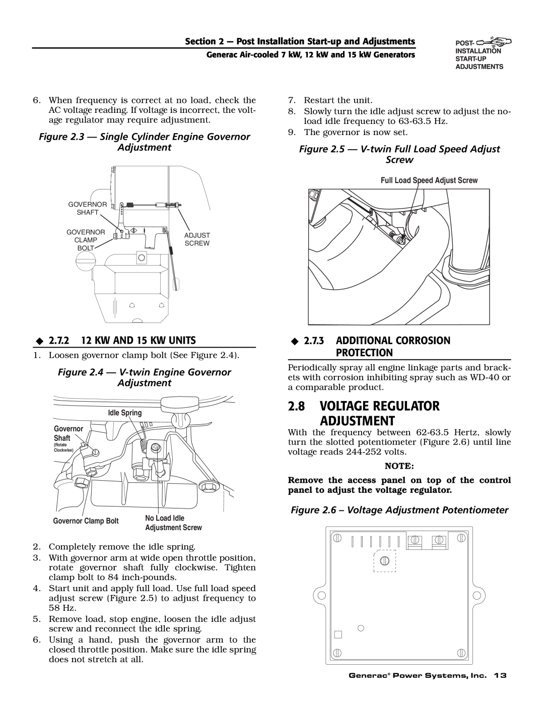 Generac 04673-2, 04675-3, 04674-2 owner manual Voltage Regulator Adjustment, 3 - Single Cylinder Engine Governor Adjustment 