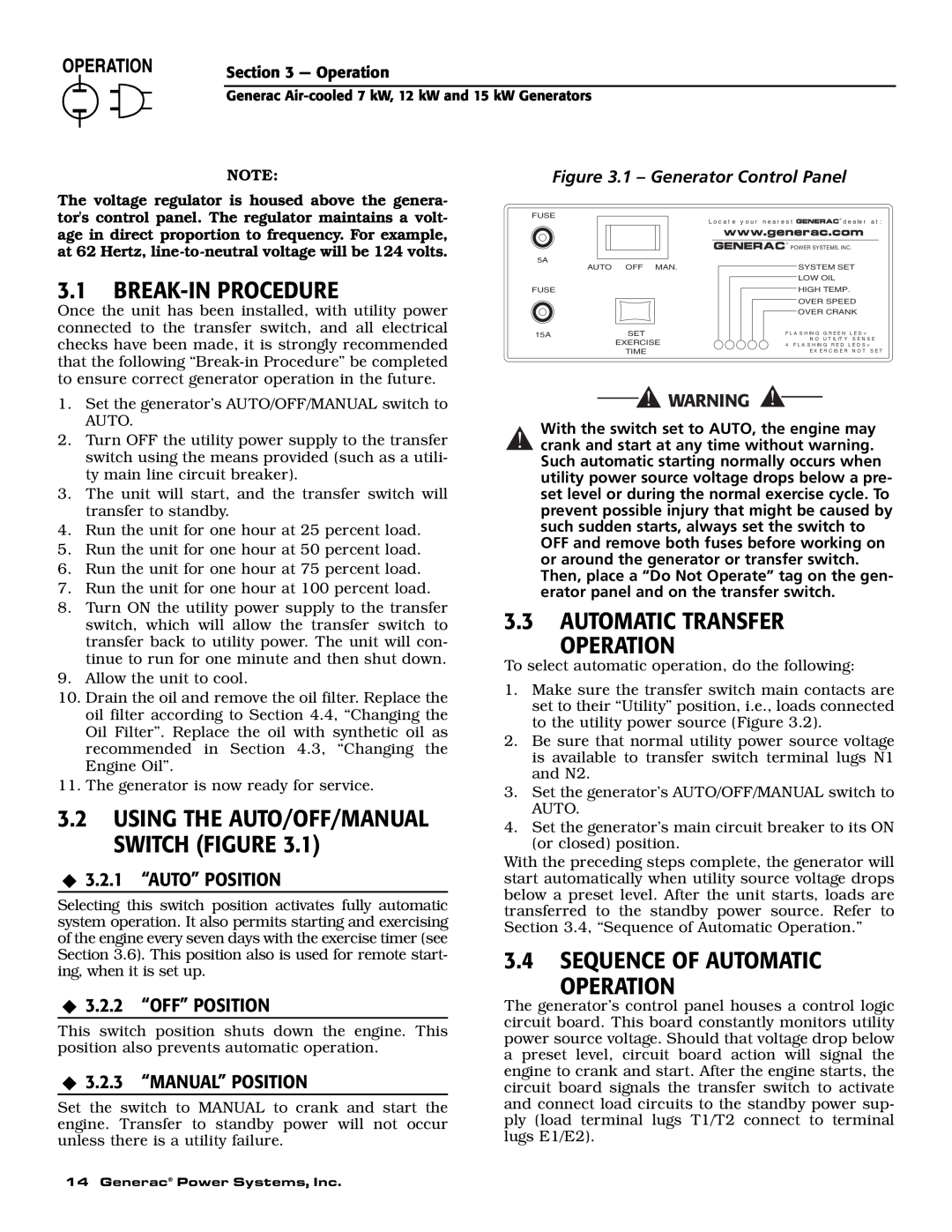 Generac 04675-3, 04673-2, 04674-2 Break-In Procedure, Automatic Transfer Operation, Sequence Of Automatic Operation 