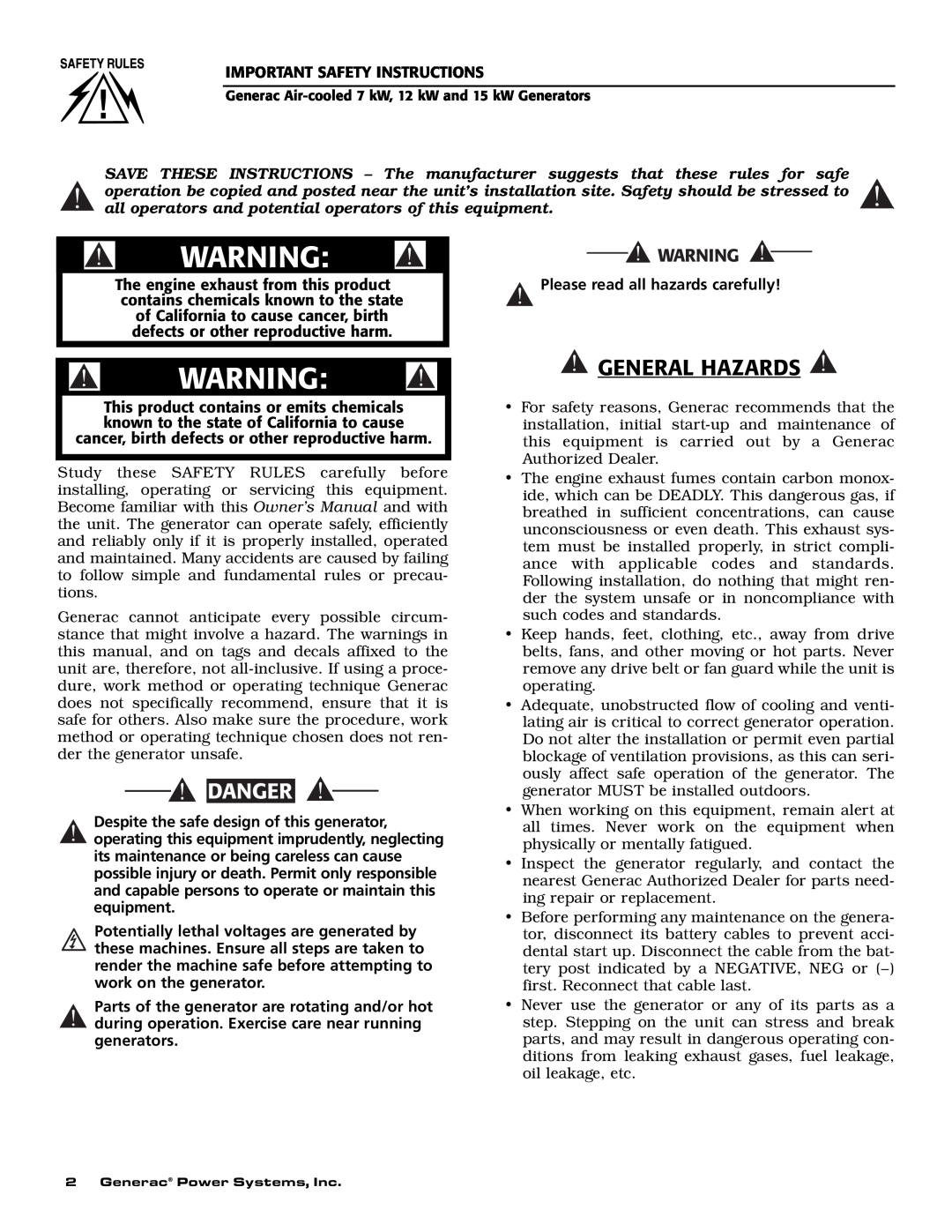 Generac 04675-3 General Hazards, Danger, Please read all hazards carefully, Despite the safe design of this generator 