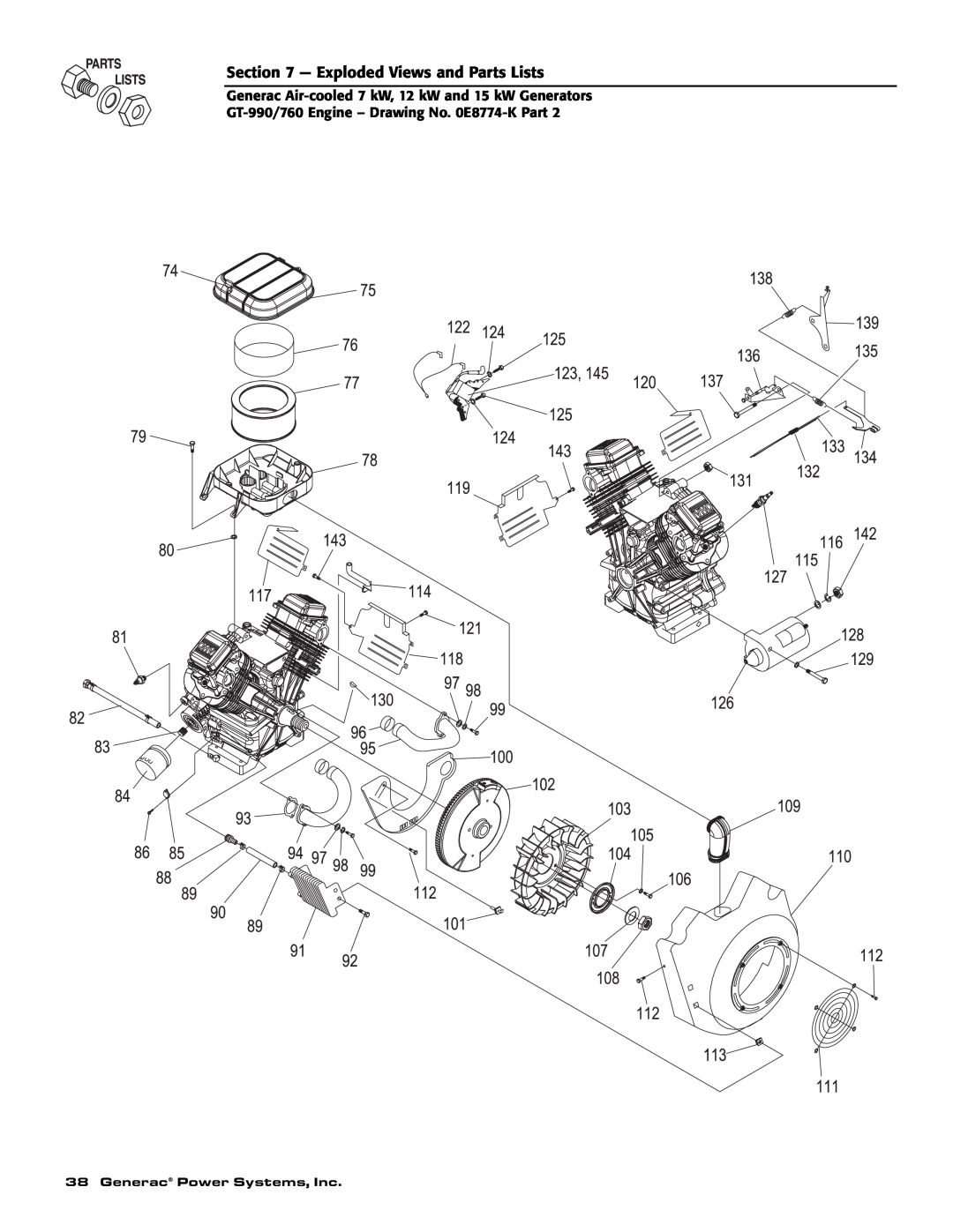 Generac 04675-3, 04673-2, 04674-2 owner manual Exploded Views and Parts Lists, Generac Power Systems, Inc 