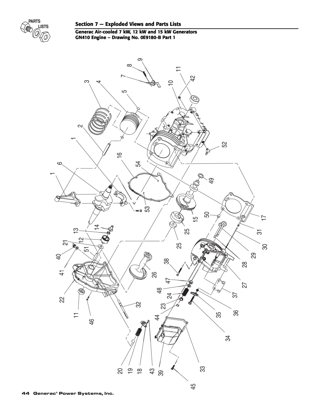 Generac 04675-3, 04673-2, 04674-2 owner manual Exploded Views and Parts Lists, Generac Power Systems, Inc 