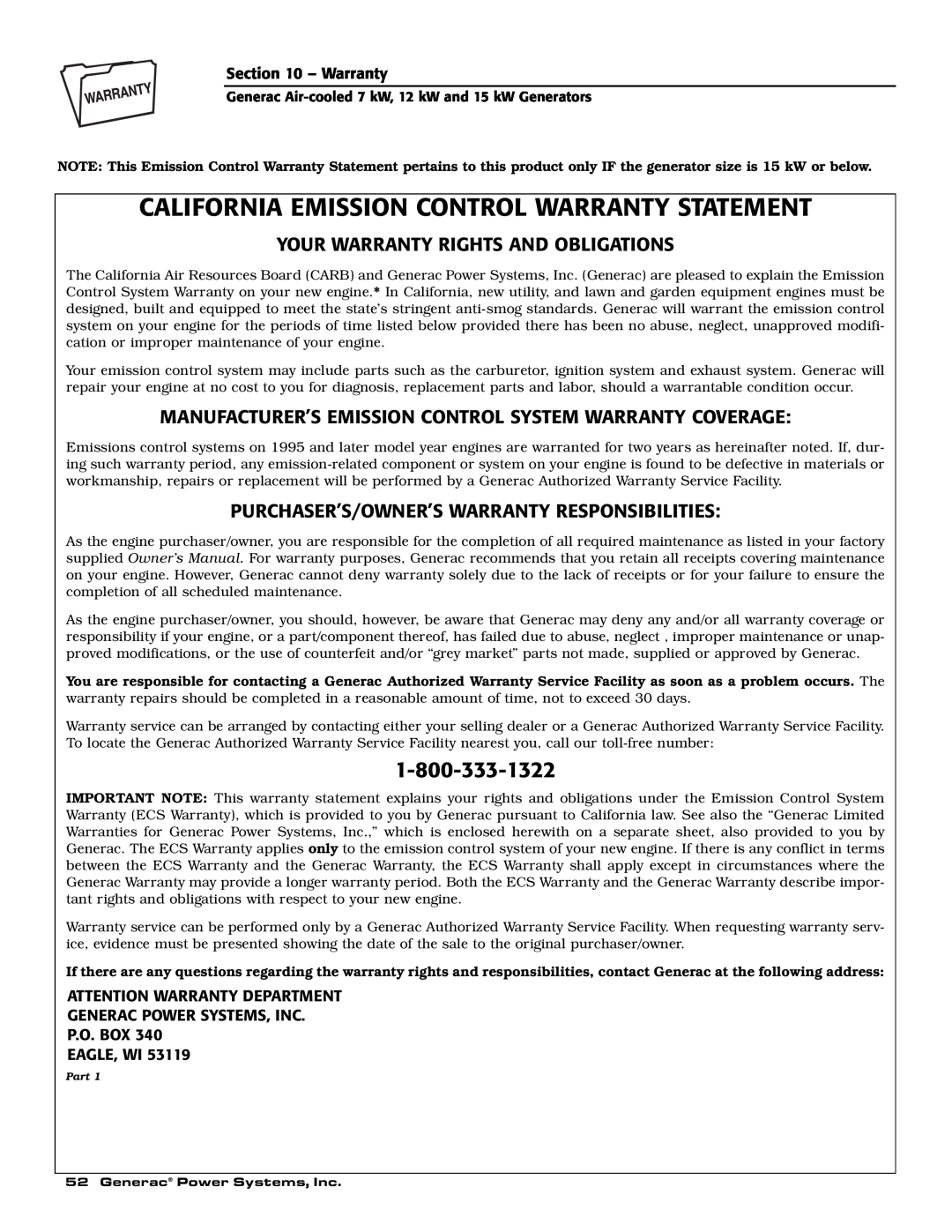 Generac 04673-2, 04675-3 California Emission Control Warranty Statement, Your Warranty Rights And Obligations, Eagle, Wi 