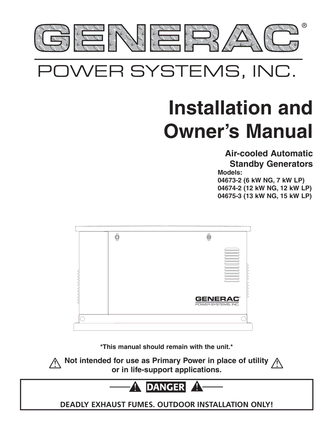 Generac 04675-3, 04673-2, 04674-2 owner manual Installation 