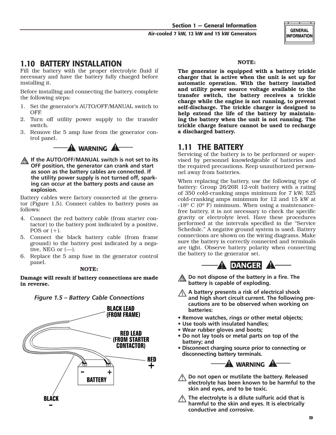 Generac 04674-2, 04673-2, 04675-3 owner manual Battery Installation 