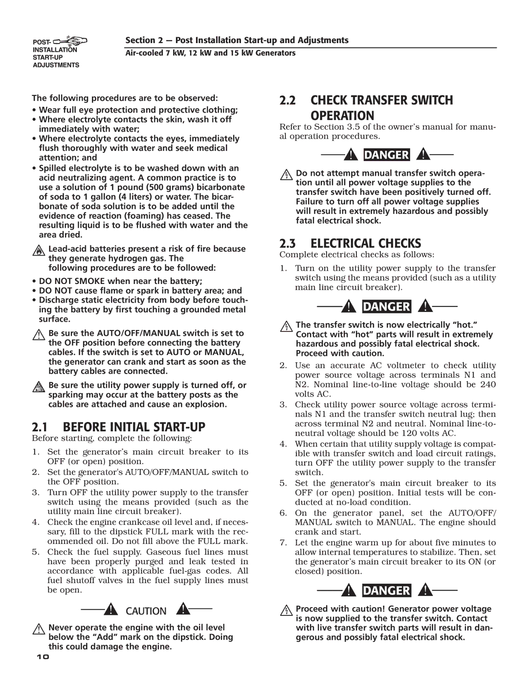 Generac 04673-2, 04675-3, 04674-2 owner manual Before Initial START-UP, Check Transfer Switch Operation, Electrical Checks 