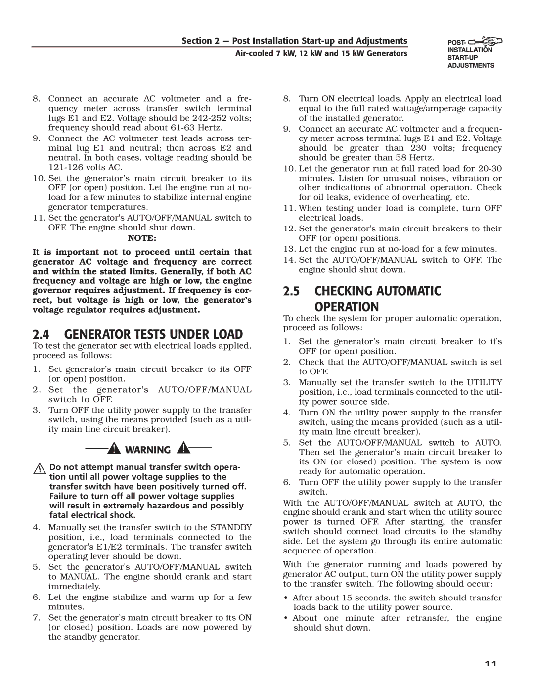 Generac 04675-3, 04673-2, 04674-2 owner manual Generator Tests Under Load, Checking Automatic Operation 