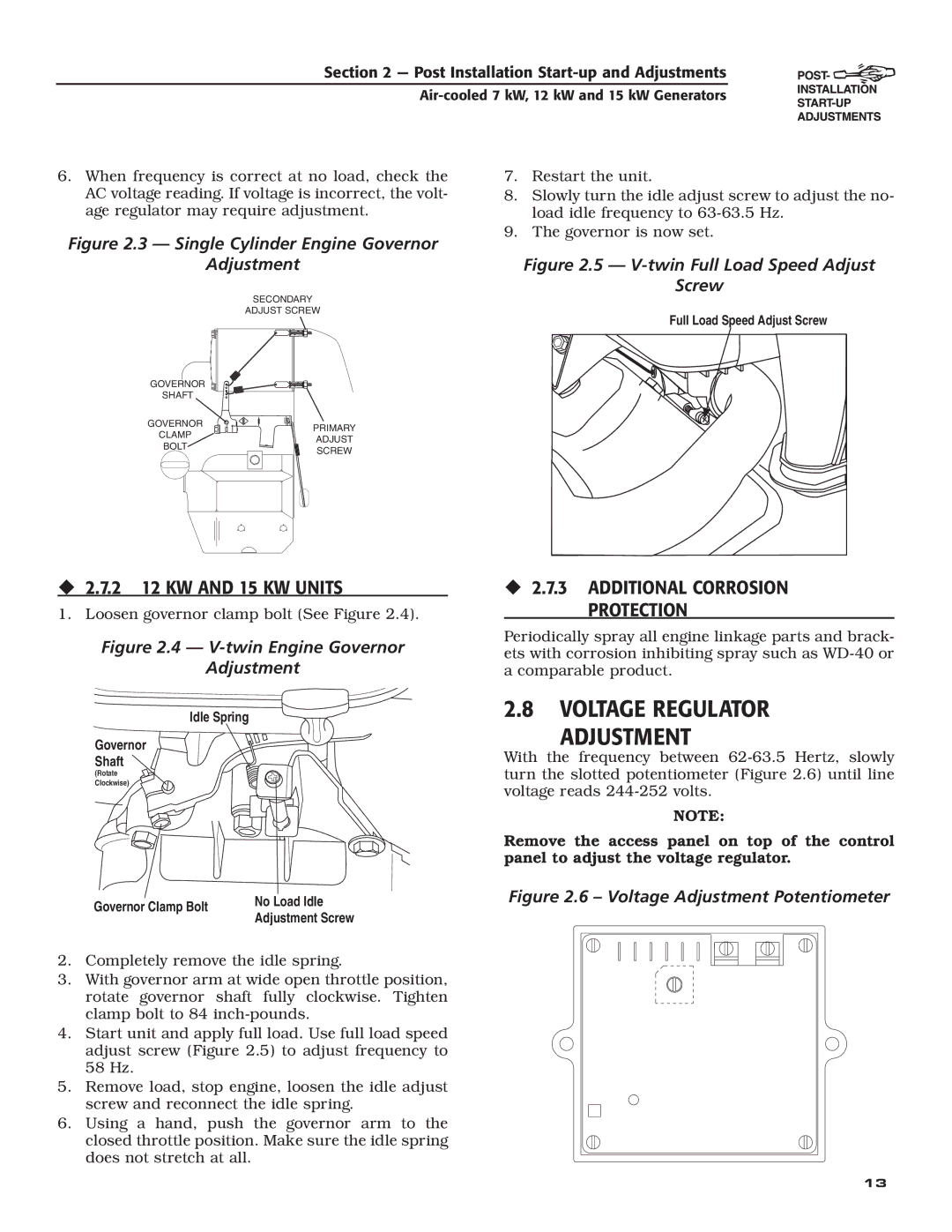 Generac 04673-2, 04675-3, 04674-2 owner manual Voltage Regulator Adjustment, ‹ 2.7.2 12 KW and 15 KW Units 