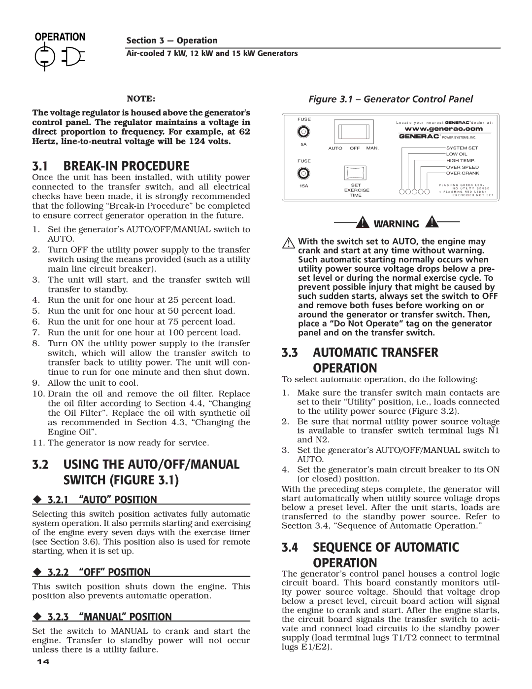 Generac 04675-3 BREAK-IN Procedure, Automatic Transfer Operation, Sequence of Automatic Operation, ‹ 3.2.1 Auto Position 