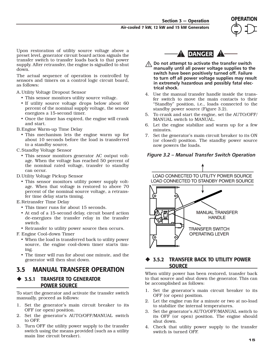 Generac 04674-2, 04673-2, 04675-3 owner manual Manual Transfer Operation, ‹ 3.5.2 Transfer Back to Utility Power Source 