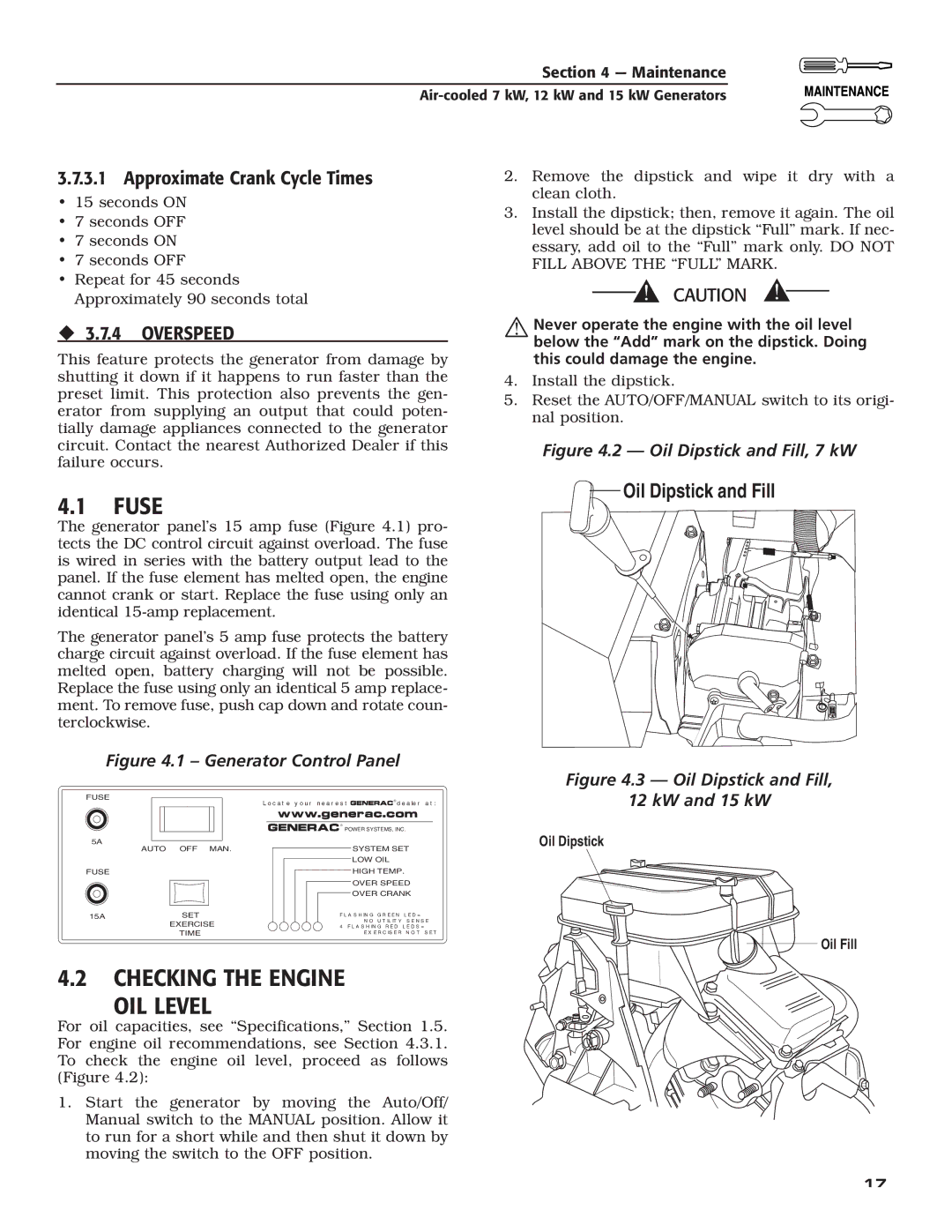 Generac 04675-3, 04673-2, 04674-2 Checking the Engine OIL Level, Approximate Crank Cycle Times, ‹ 3.7.4 Overspeed 