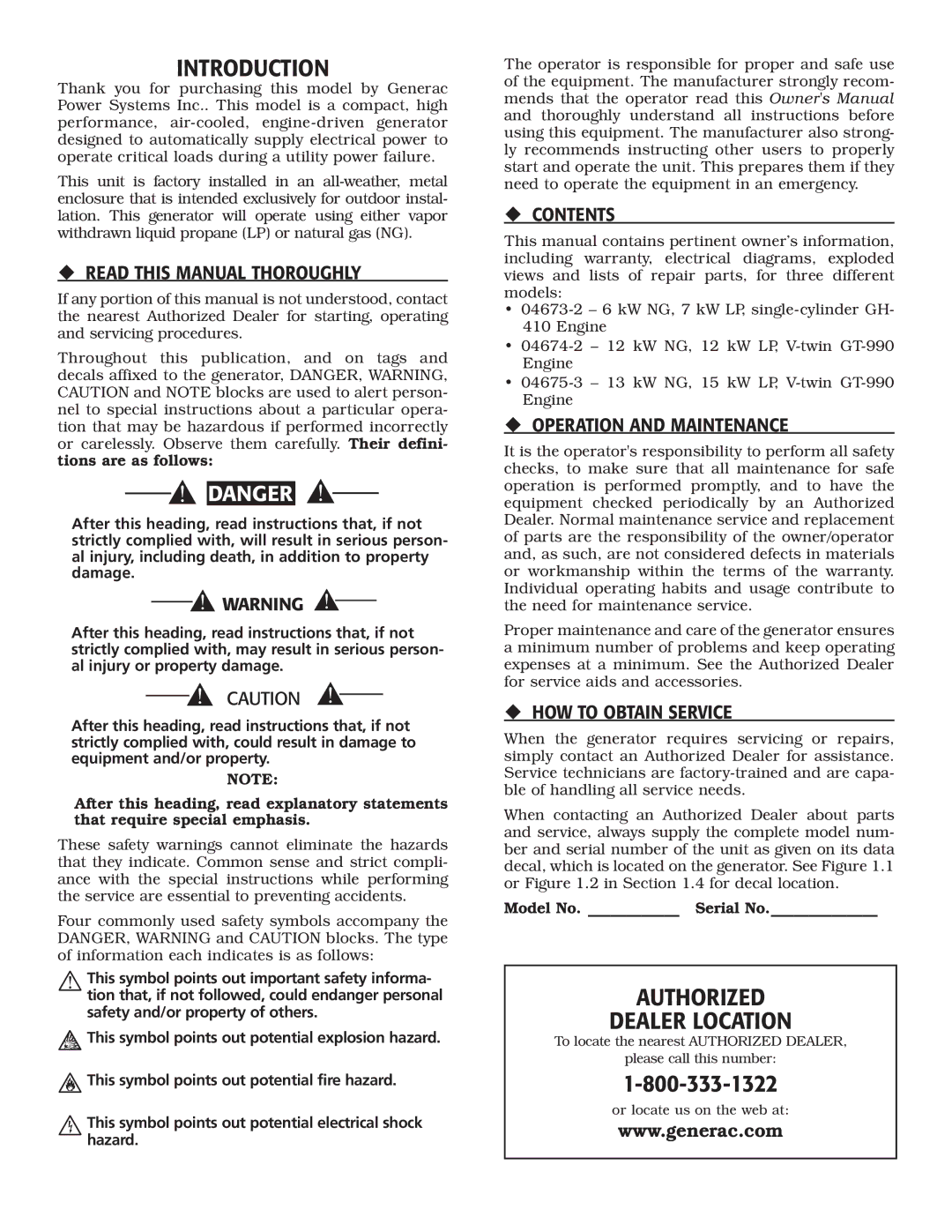 Generac 04674-2, 04673-2, 04675-3 owner manual Introduction, Authorized Dealer Location 