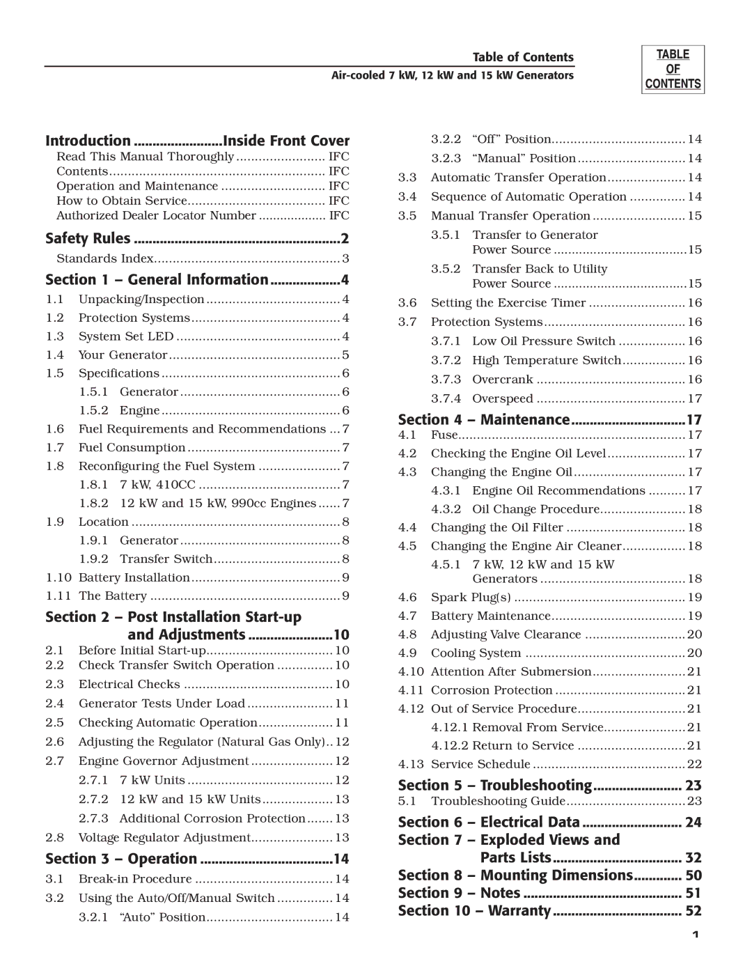 Generac 04673-2 Introduction Inside Front Cover, General Information, Post Installation Start-up Adjustments, Operation 