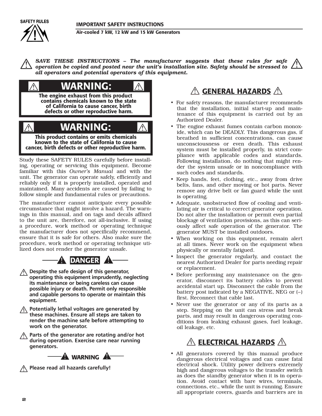 Generac 04675-3, 04673-2, 04674-2 owner manual General Hazards 