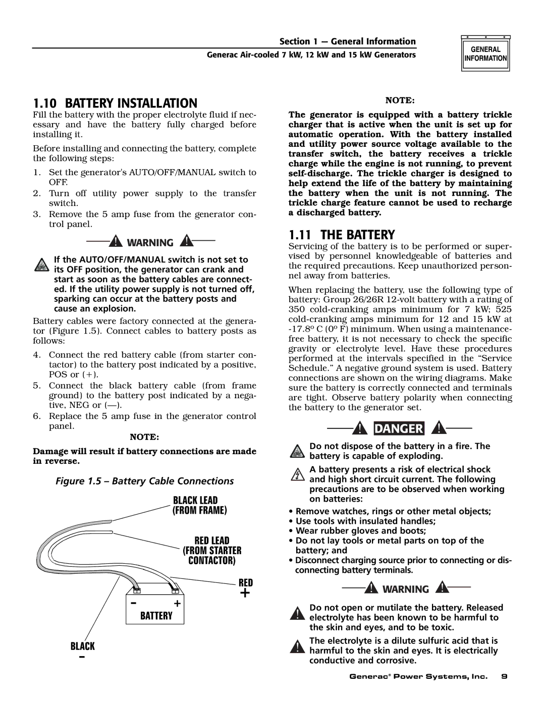 Generac 04674-2, 04673-2, 04675-3 owner manual Battery Installation 